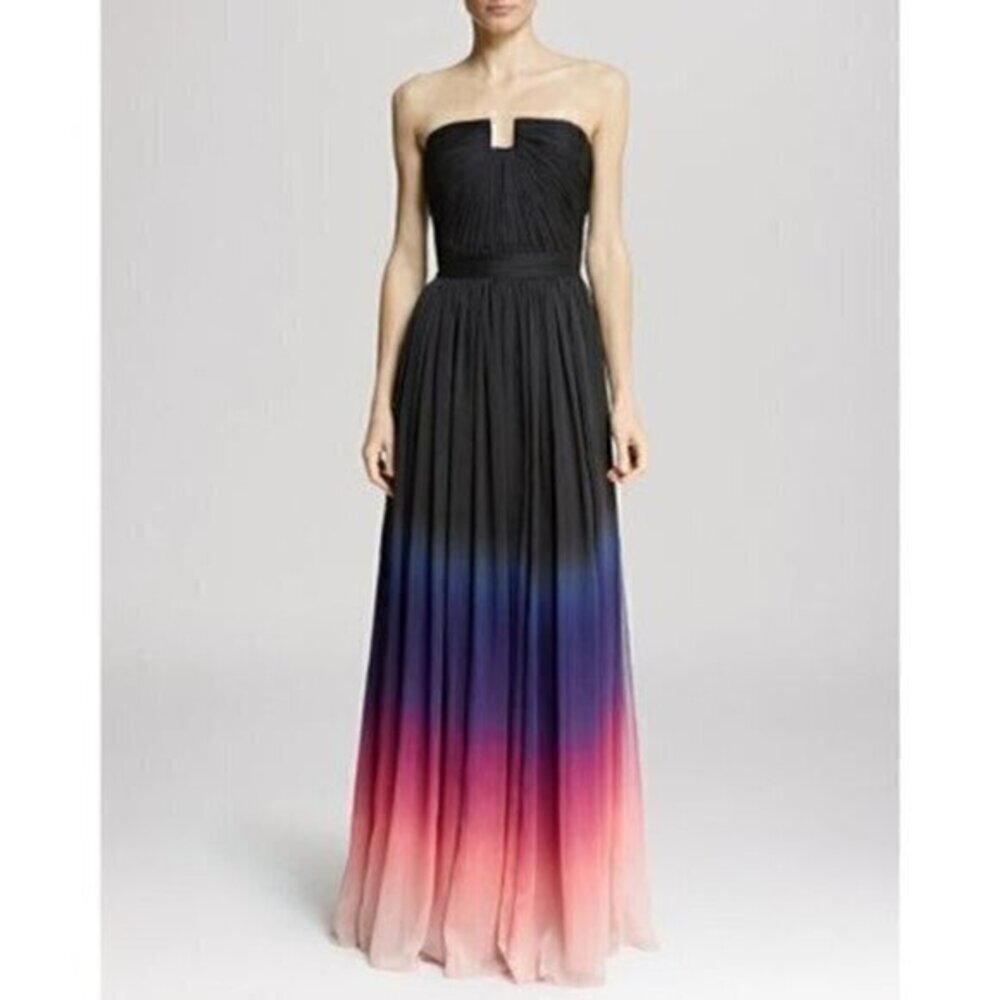Black Hand Dyed Rainbow Silk Chiffon Ombré Strapless Red Carpet Couture Gown